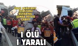 Tır önce akaryakıt istasyonu duvarına sonra refüje çarptı