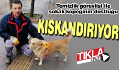 Temizlik görevlisi ile sokak köpeğinin dostluğu kıskandırıyor!