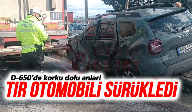 D-650’de korku dolu anlar: Tır otomobili sürükledi!