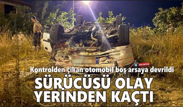 Kontrolden çıkan otomobil boş arsaya devrildi