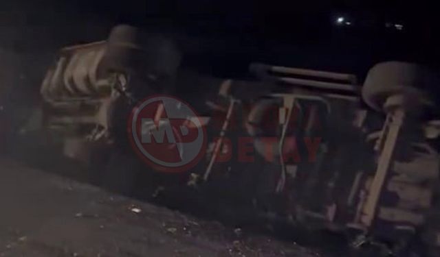 Elektrik direğine çarpan kamyon devrildi