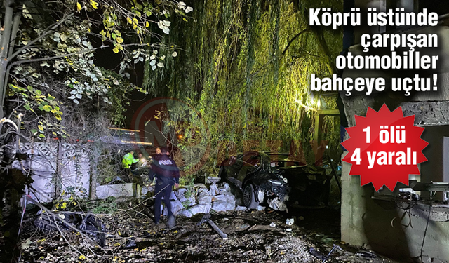 Köprü üstünde çarpışan otomobiller bahçeye uçtu! 1 ölü, 4 yaralı