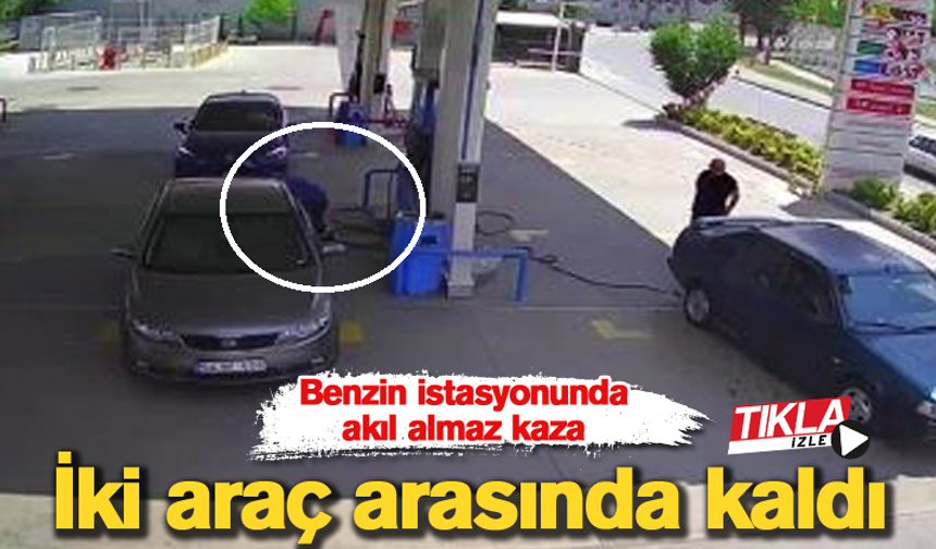 Benzin istasyonunda akıl almaz kaza! İki araç arasında kaldı