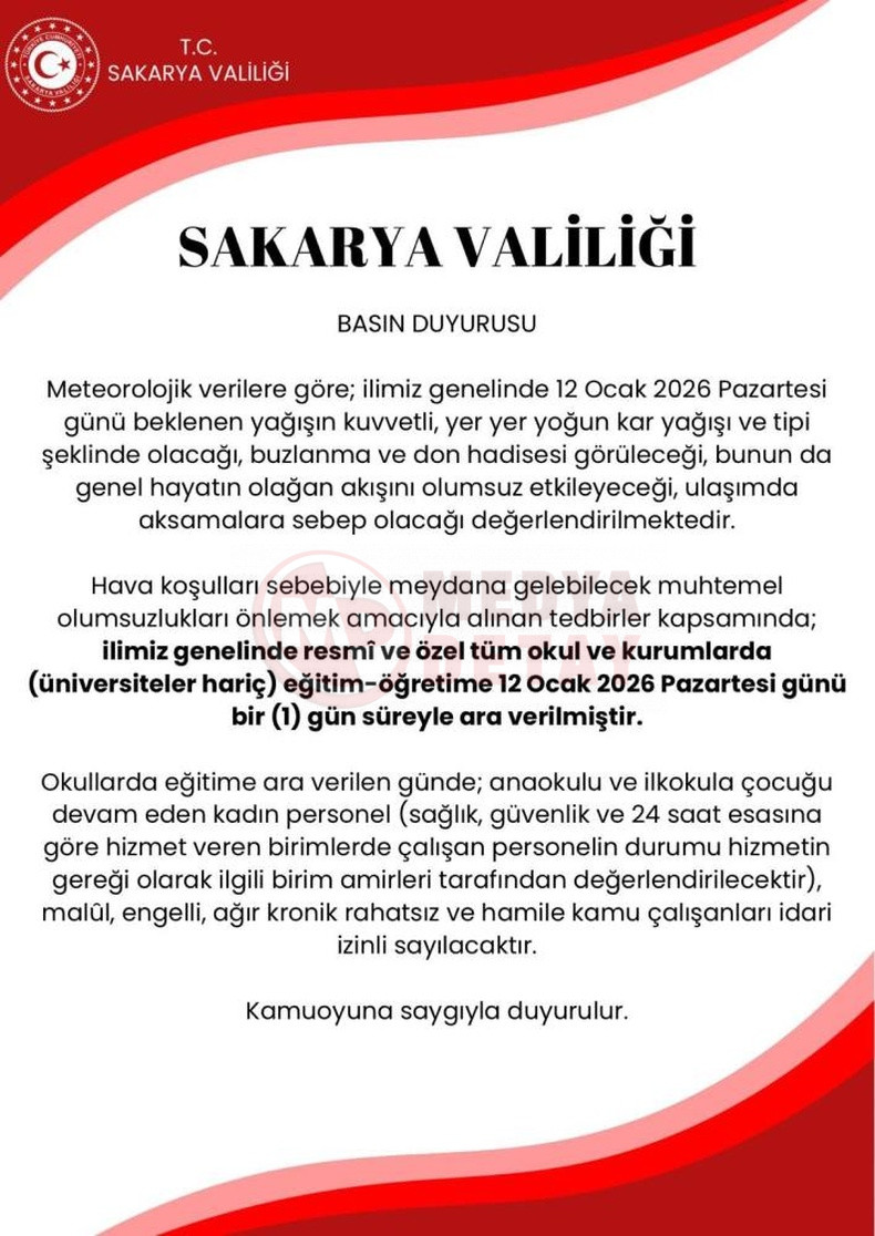 Sakarya Kar Tatili Aciklamasi