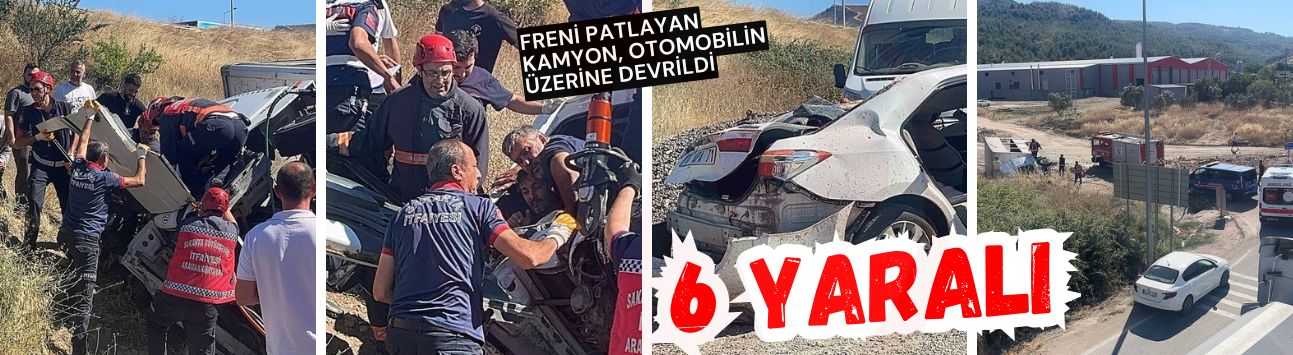 Freni patlayan kamyon, otomobilin üzerine devrildi